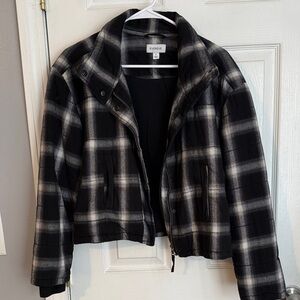 Evereve Black & White Plaid Cropped Bomber Jacket